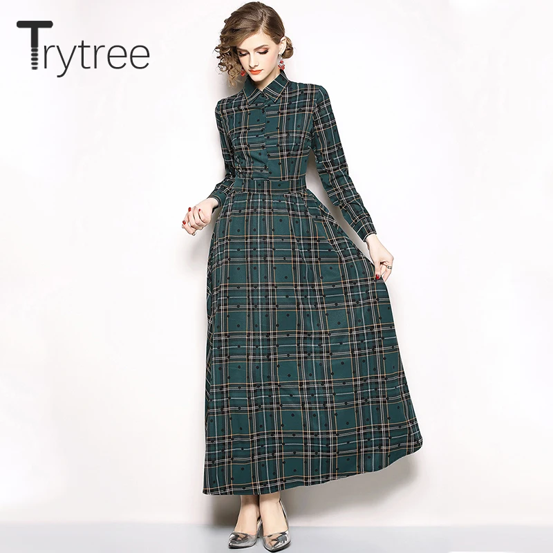 Trytree/весенне летнее платье элегантные женские клетчатые винтажные платья в горошек с отложным воротником