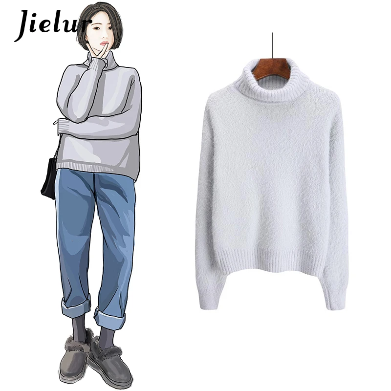 Jielur Sweater Female Simple Solid Color Warm Comfortable Women's Turtleneck Gray Blue Korean Long Sleeve Winter Women | Женская