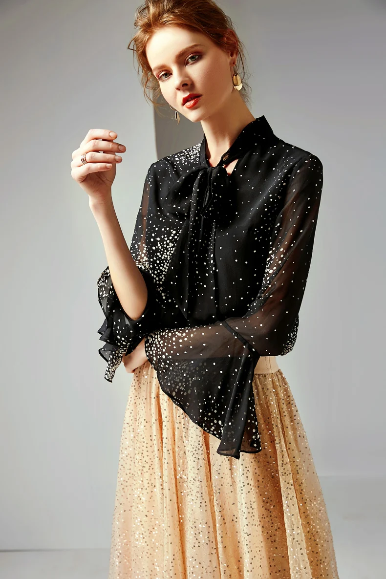 2019 100% Pure Silk Women's Runway Shirts Bow Collar Flare Sleeves Dots Printed Fashion Elegant Shirt Blouse |