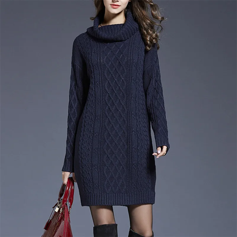 2017 осень-зима твердых кабель Для женщин Водолазка Вязание длинные свитера тонкий