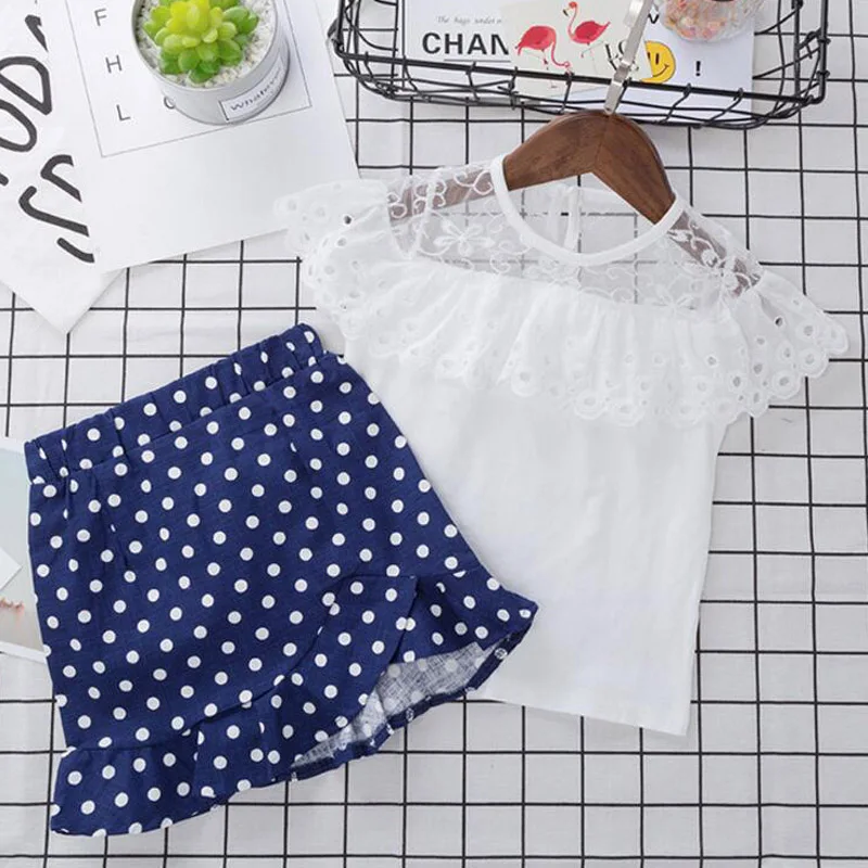 Детская одежда 2017 летняя детская набор Обувь для девочек Кружевная футболка +