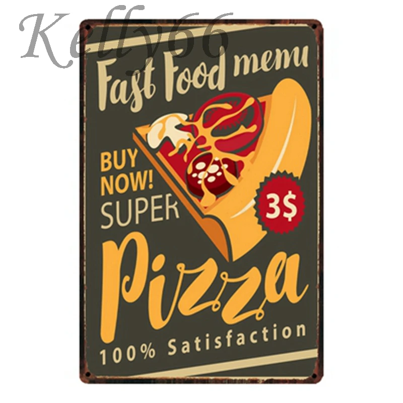 Меню фастфуда "Супер пицца" - металлический знак, постер, декор для дома, бара, картина на стену, размер 20*30 см, модель y-1630.