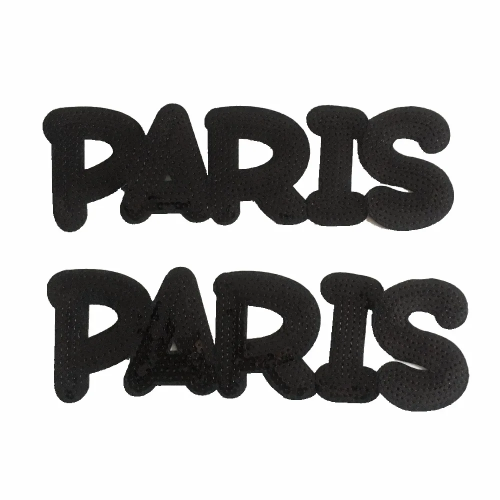 

2PCS Black Sequins PARIS Patch for Clothing Embroidery Applique Sewing Stickers DIY Accessories Iron on Sequined Cloth Patches