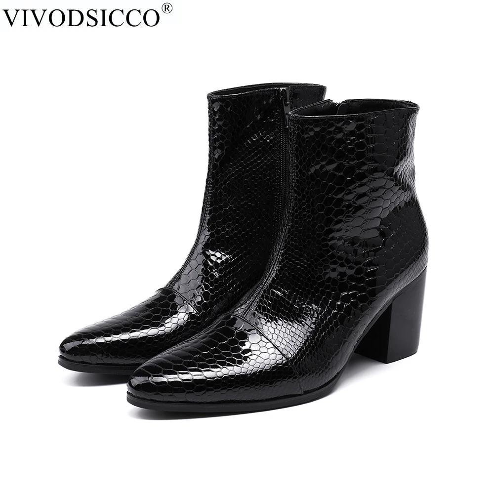 

VIVODSICCO Men Snake Pointed Toe Zipper Heel High Top Fashion Boots Massage Outdoor Desert Biker Walking Motorcycle Rock Boots