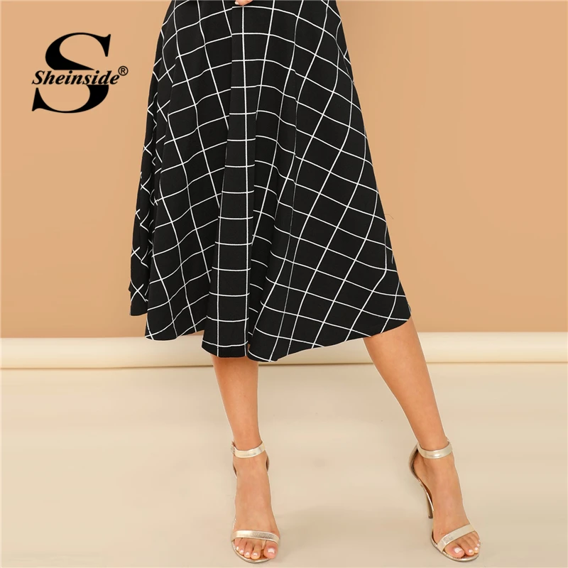 Sheinside офисное женское платье с высокой горловиной и расклешенной юбкой, элегантное женское платье в клетку с длинным рукавом, осень, ТРАПЕЦИЕВИДНОЕ ПЛАТЬЕ средней длины