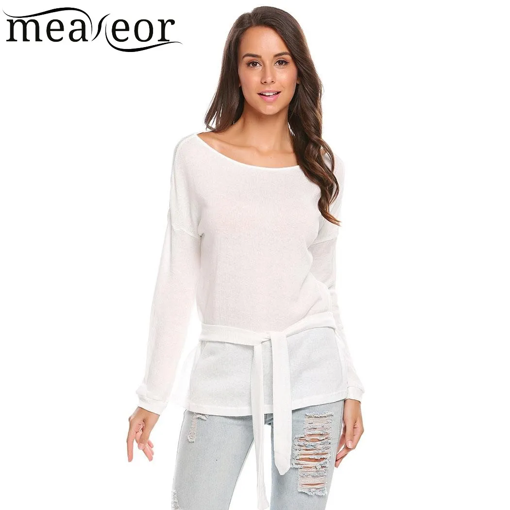 Meaneor женские футболки модные с вырезом лодочкой длинным рукавом одноцветные