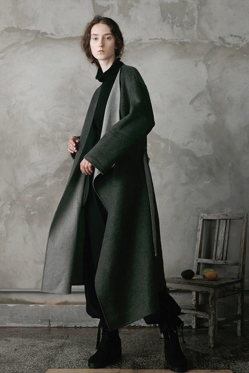2018 AW Collection original design simple asymmetrical long belted gray double faced wool coat women | Женская одежда
