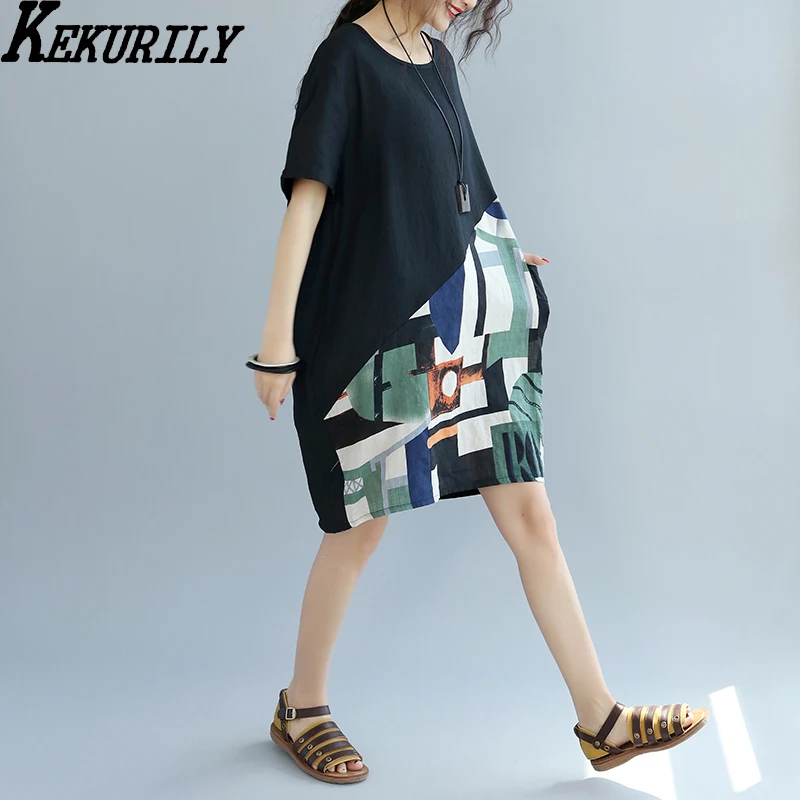 Для женщин большие размеры платье плюс размер платья из хлопка и льна Лето