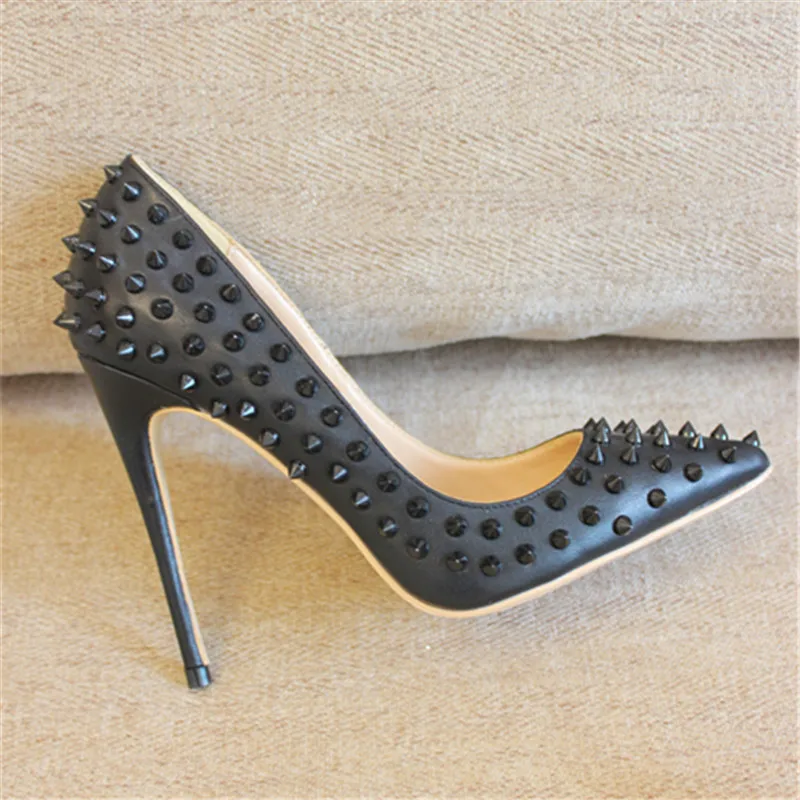 

Fashion free shipping lady women spikes black leather Poined Toe Stiletto high heel pump HIGH-HEELED SHOES Wedding Shoes