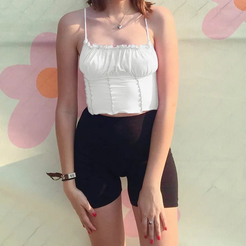 

Sexy Spaghetti Straps Ruffles Crop Top 2021 summer Women white black Purple Backless Sleeveless suspenders Top Female Skinny