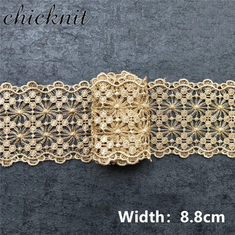 Новое золотистое водорастворимое гипюровое кружево с вышивкой ширина 88 мм