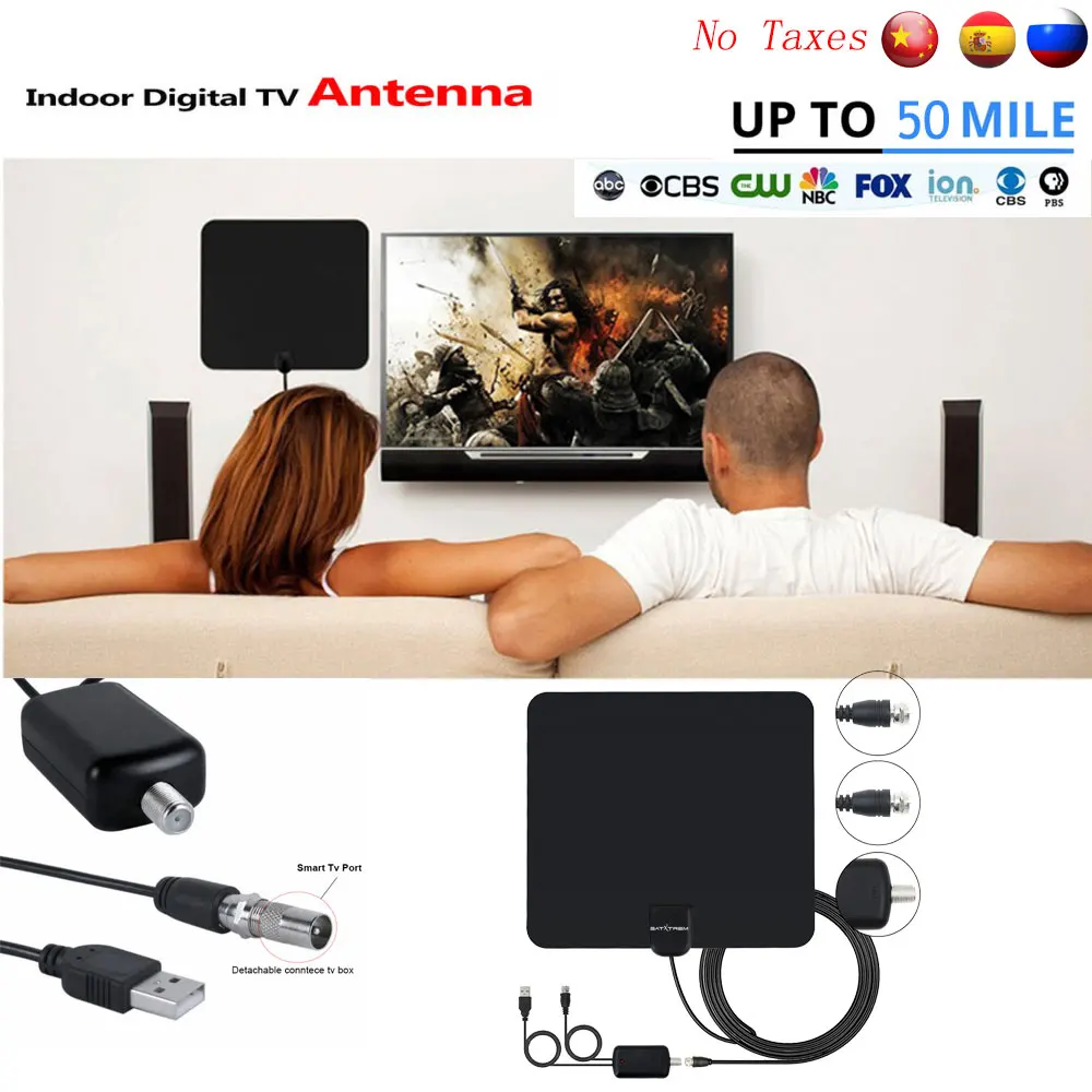 Цифровая ТВ антенна SATXTREM HD 50 миль усилитель диапазона DVB T/T2 комнатные антенны с 10