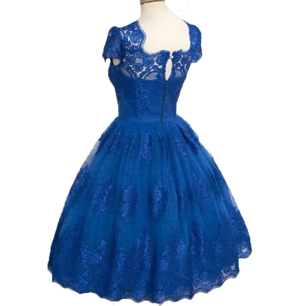 Женское коктейльное платье Royer голубое кружевное трапециевидной формы с