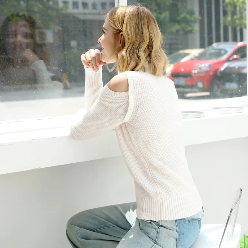 Amii Minimalist Women Autumn Sweater Chic Cotton Shoulder Exposed Hollow Female Pullovers Sweaters Joker Sweater