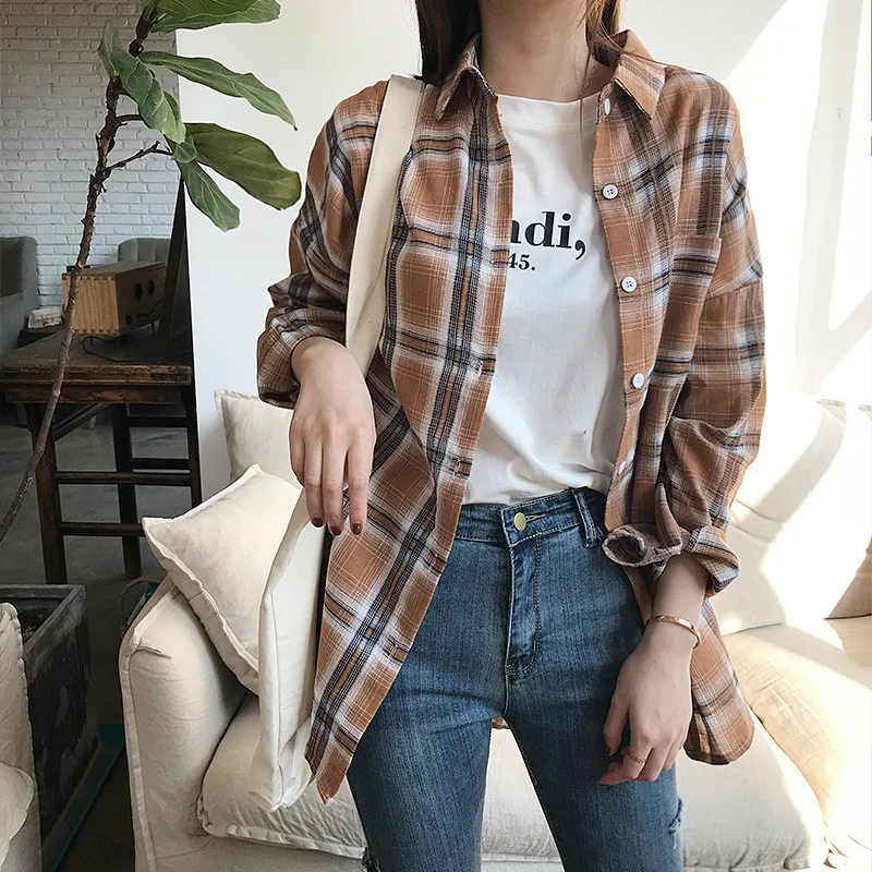 Autumn Boyfriend Style Women Blouse 2018 All Occasion Match casual College shirt long sleeve turn-down collar Plaid Office Shirt |