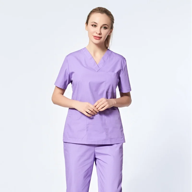light purple top Женская медицинская униформа, классические топы с v-образным вырезом, одежда для доктора из чистого хлопка, униформа медсестры, Хирургическая Одежда(только топ - Цвет: light purple top