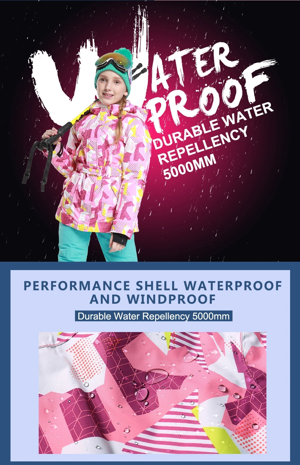 Phibee Girls Ski Snowboad Jacket Warm Breathable Kids Winter Clothing Windproof Waterproof Breathable Coat