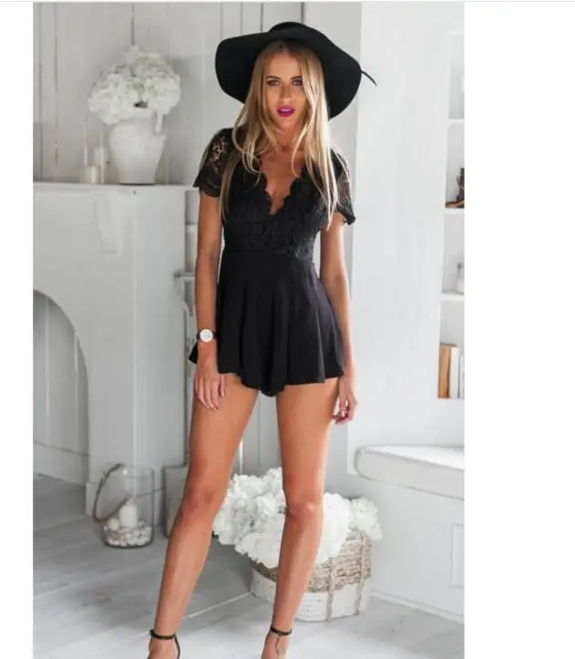 

Комбинезон женский кружевной с коротким рукавом, элегантный свободный пикантный Милая одежда с глубоким V-образным вырезом и длинным рукав...