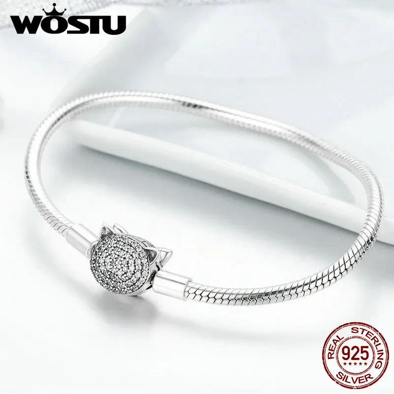 WOSTU подлинный 925 пробы серебряный милый кот сверкающий CZ Змея Strand цепочка браслет на запястье для женщин серебряные ювелирные изделия