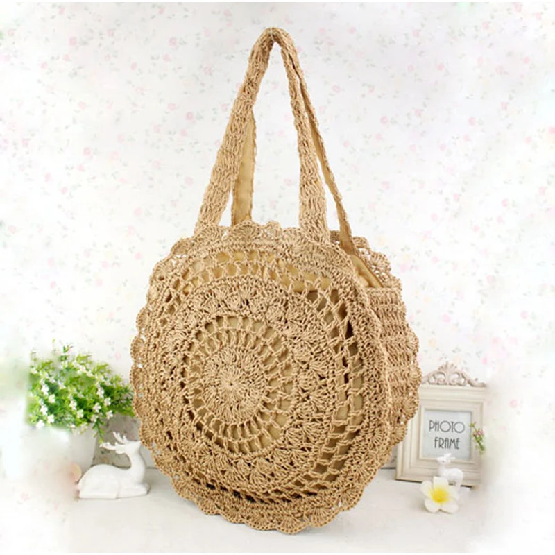Sun Flower Beach Tote Bag Soft Paper Rope Crochet Round Straw Boho Retro Foldable Shoulder Travel Rattan For Women | Багаж и сумки