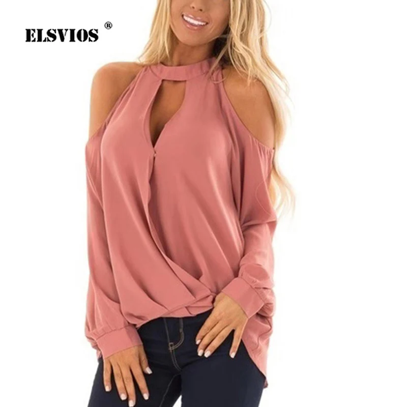 Женская шифоновая рубашка с открытыми плечами ELSVIOS летняя и весенняя блузка