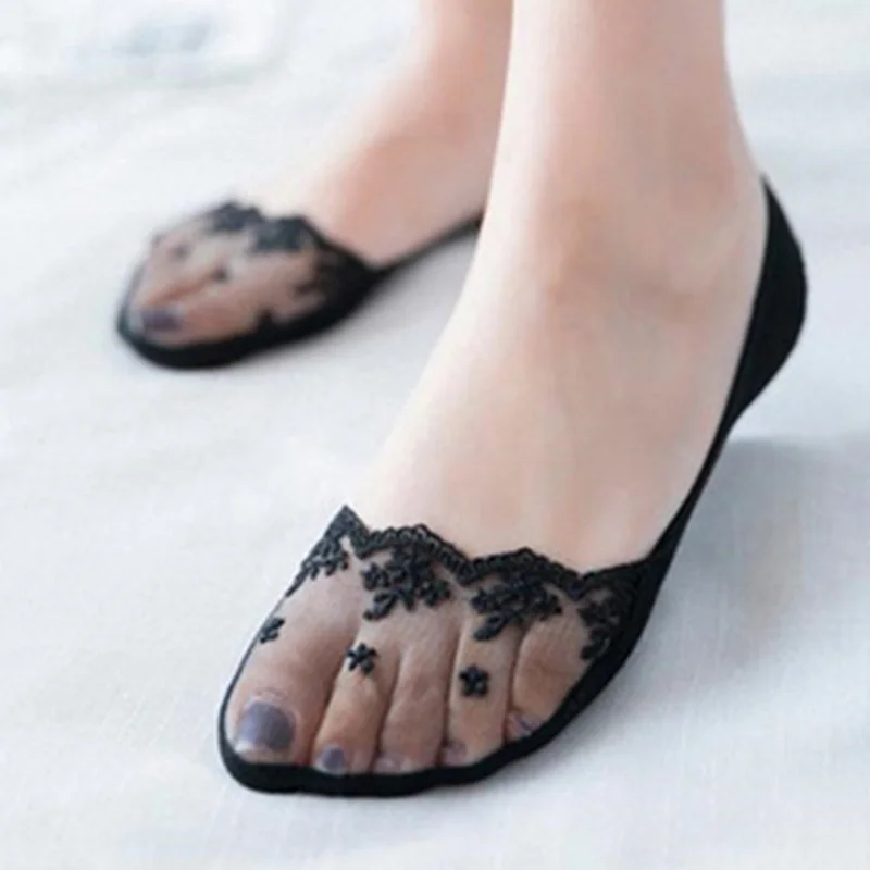 Носки Женские однотонные с вышивкой 1 пара кружевные Нескользящие невидимые