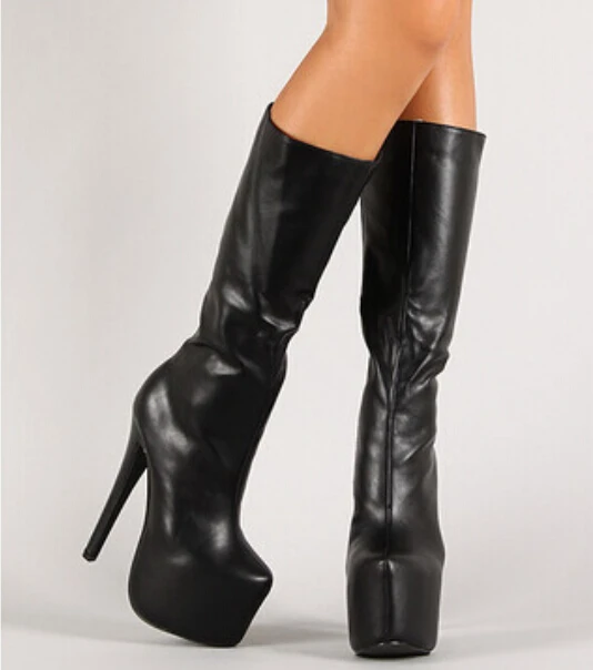 Мода Гладиатор черный женщи кожа колено высокие сапоги круглый носок стороны
