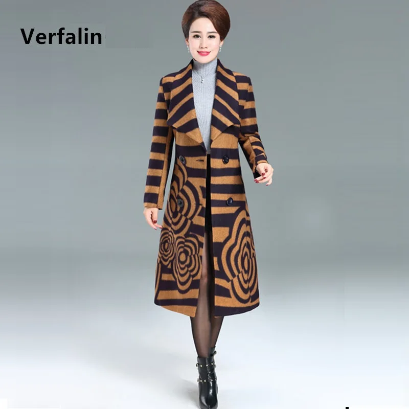 Verfalin 2017 Весной Женщины Шерстяное Пальто/Элегантный Полосой Формальные Длинные