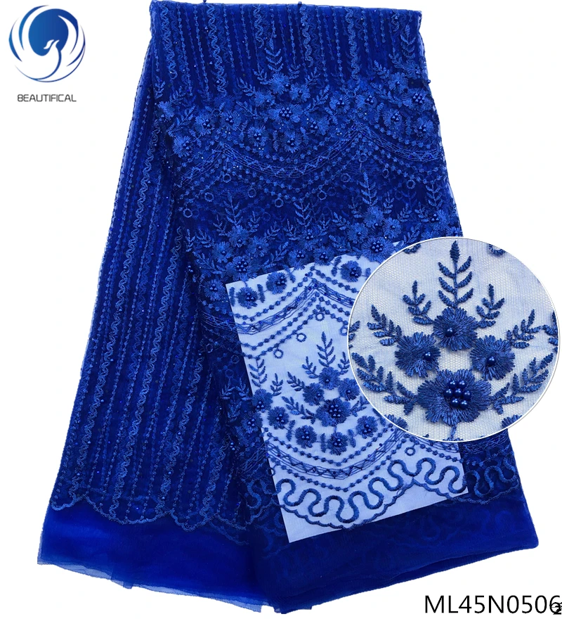 

BEAUTIFICAL blue french lace fabric latest african lace fabric beaded lace fabric in stock 5yards per lot wholesale ML45N05