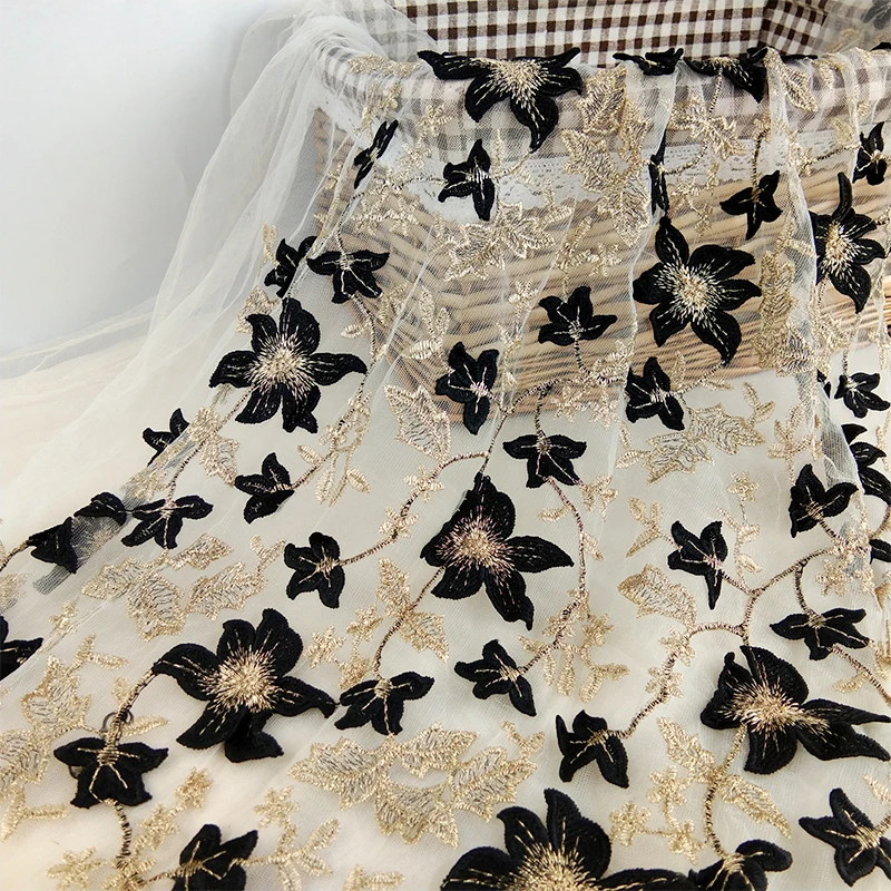

3Yards New African Embroidery Lace Fabric With Gold Line Chantilly Lace 2019 Latest 3D Flower African Lace Fabric For DRESS
