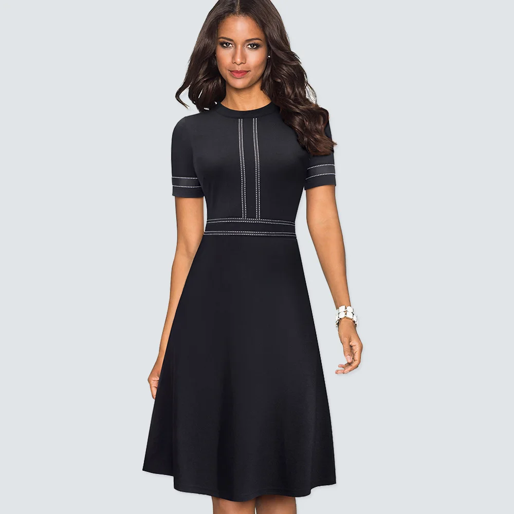 Black short sleeve Для женщин Винтаж качели офисные трапециевидной формы вечерние элегантное платье в стиле пэчворк с коротким и широким подолом Платье черного цвета vestidos HA135 - Цвет: Black short sleeve