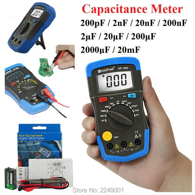 

HoldPeak HP-36D Digital Capacitance Meter Capacitor Tester Circuit pF/ nF/ uF/ mF