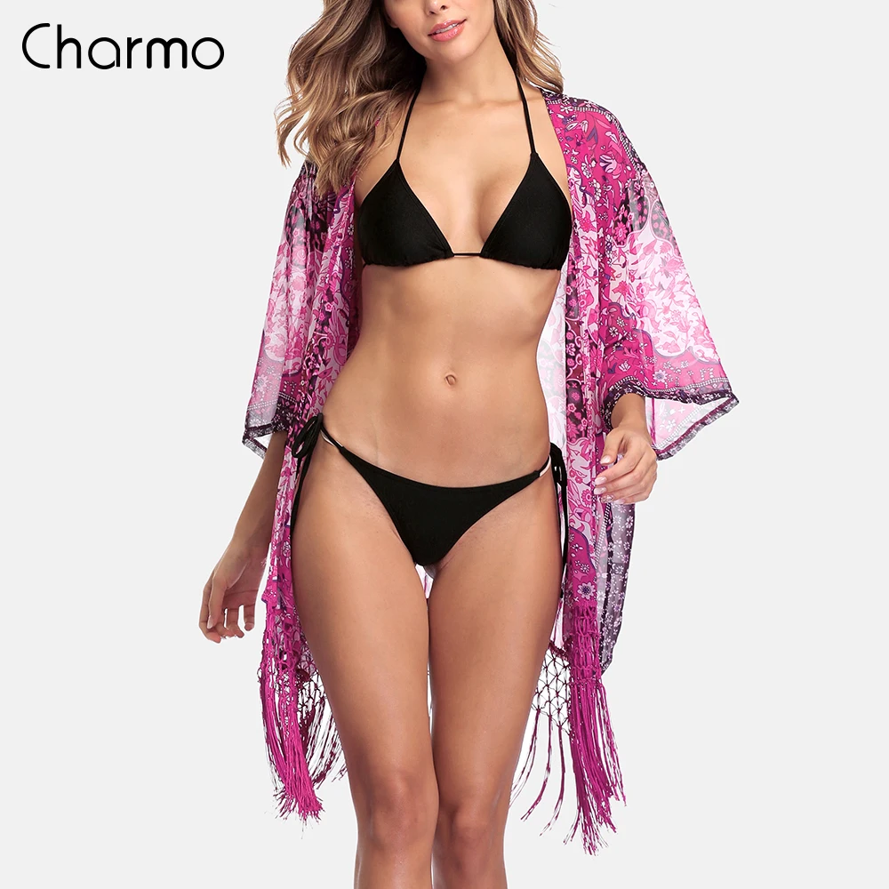 

Charmo Women Beach Cover Up Kaftan Bikini Chiffon Tassel Cover-Ups See-through Swimsuit Women Swimwear Sexy Bathing Suit