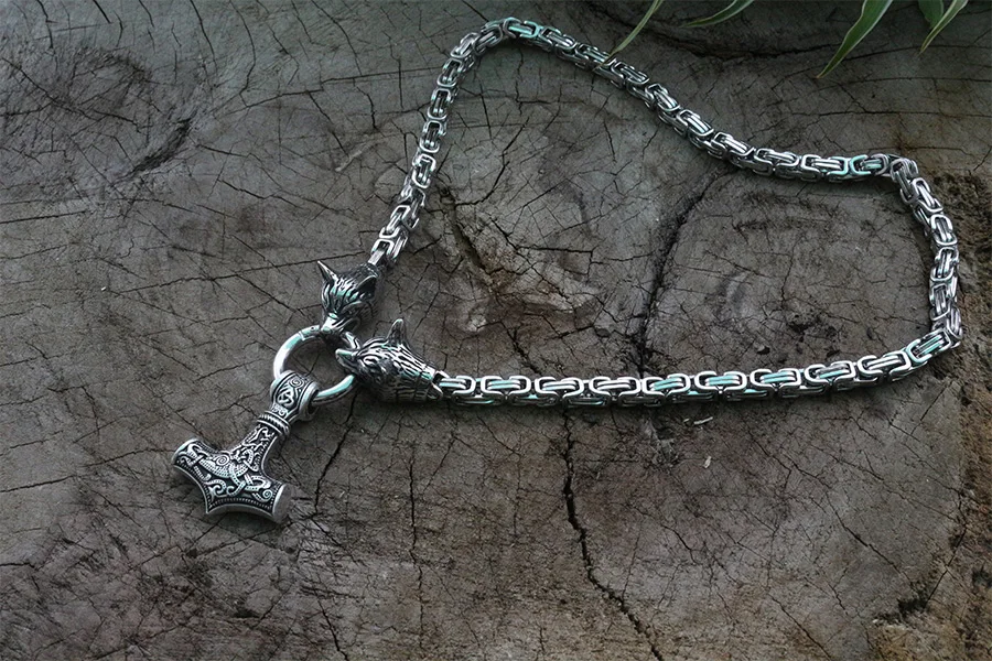 

Men stainless steel necklace viking wolf head with viking Mjolnir hammer pendant norse talisman ethnic jewelry