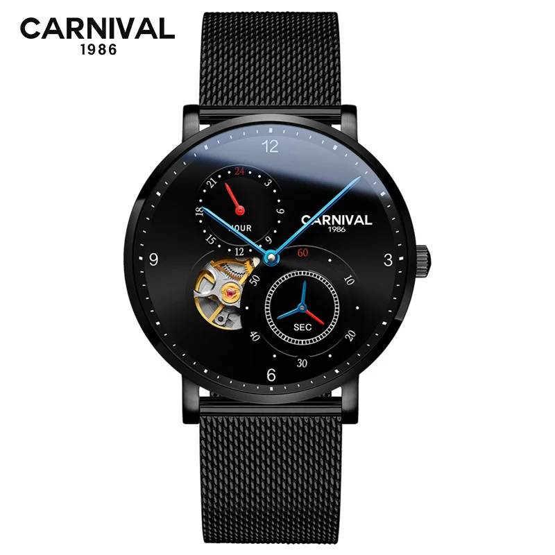 Carnival Men Watches Mechanical Automatic Watch Turbillon Top Brand Luxury Hollow Waterproof Stainless Steel Wrist Watch - Цвет: all black