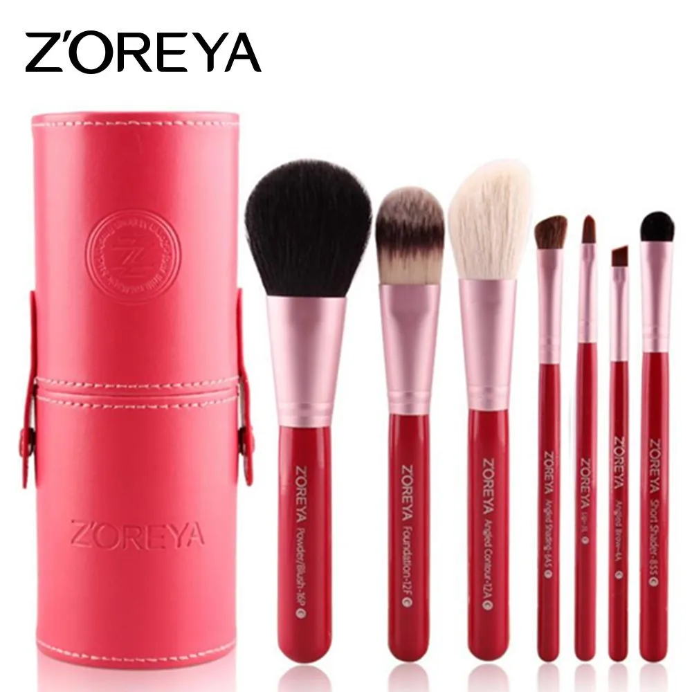 with Brush Holder ZOREYA 7 шт. набор кистей для макияжа, профессиональные Румяна для губ, пудра, Тональная основа, тени для век, инструменты для макияжа из натурального козьего волоса, косметический инструмент - Handle Color: with Brush Holder