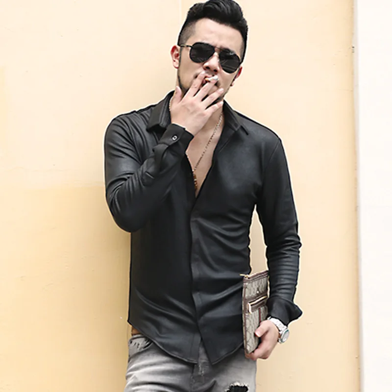 Мужская Осенняя рубашка черная с длинным рукавом в стиле ретро тонкая эластичная