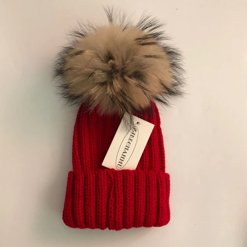 Модные шапки Skullies Beanies с натуральным лисьим мехом норки, 15 см, шапки для женщин и девочек, зимние теплые шапки, Весенняя детская шапочка, новинка - Color: Women Red