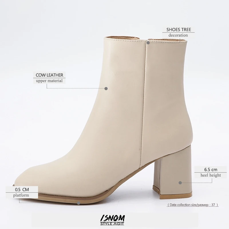 

ISNOM Genuine Leather Women Ankle Boots Autumn Fashion Round Toe Bootie Short Plush 2020 Winter Thick High Heels Shoes