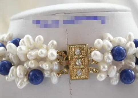 stunning classic 7mm white freshwater pearls blue lapis lazuli necklace 17&quot | Украшения и аксессуары