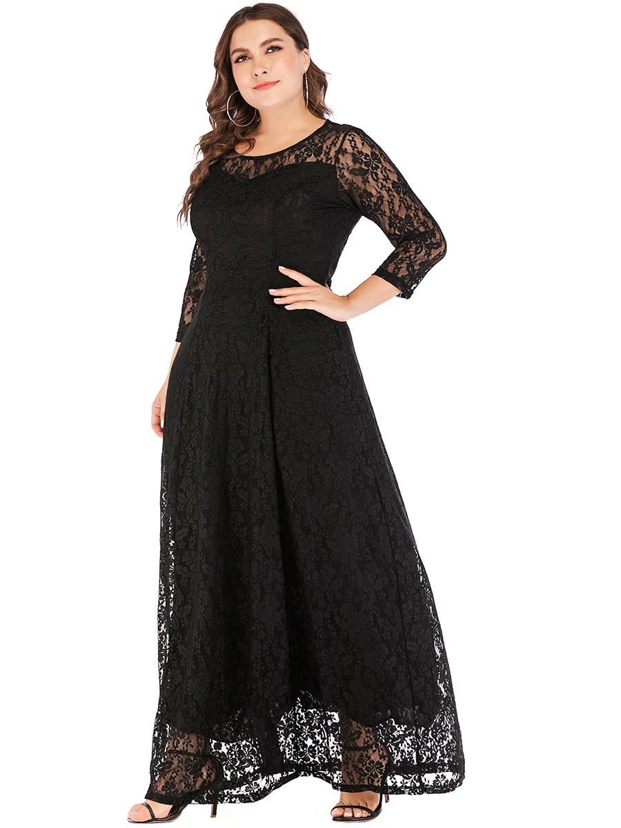 luxury wedding party dresses Women Ladies 4xl 5xl 6xl Plus Size 3/4 Sleeve Lace floral hollow out Long Dress solid color Dresses