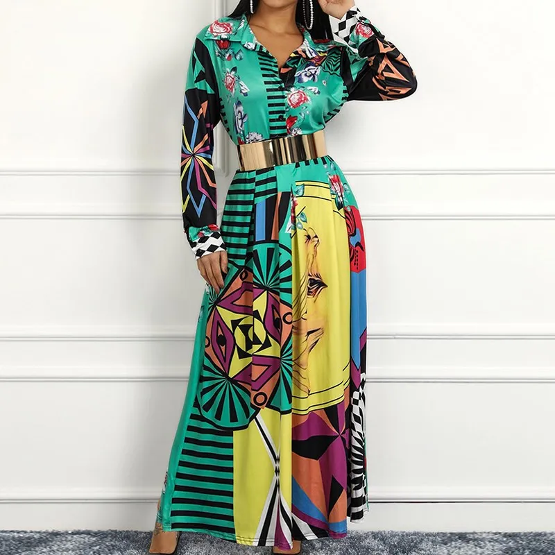 Платье макси с принтом женское винтажное платье v-образным вырезом Элегантное