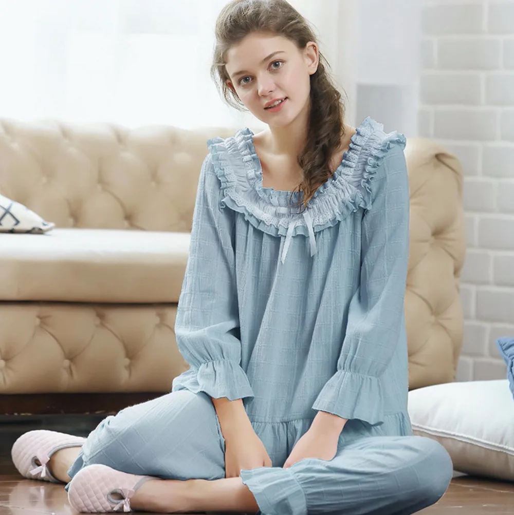 Satis Анж хлопковая ночнушка Flare рукавом Кружева бантом на шее труба блудниц ночь