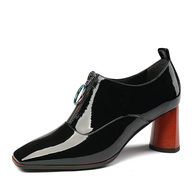 ISNOM High Heels Thick Pumps Women Patent Leather Pumps Colorful Zip Shoes Female Square Toe Party Shoes Autumn New Black - Цвет: Черный
