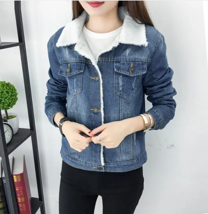 Женская куртка из овечьей шерсти теплая джинсовая с 4 карманами и длинными