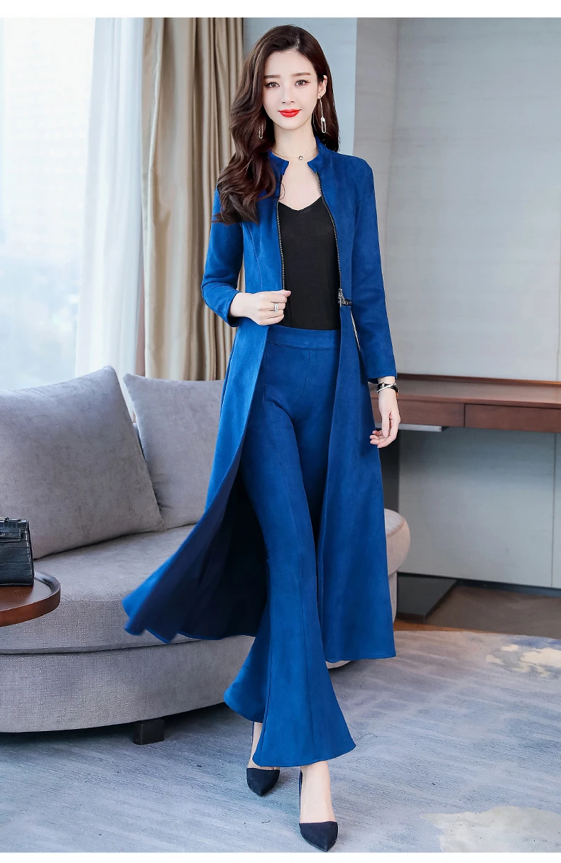 wreeima Buckskin 2 Piece Set Women Wide Legged Trousers Suit Set Autumn Women's Windbreaker Spring Trench Coat Casaco Feminino