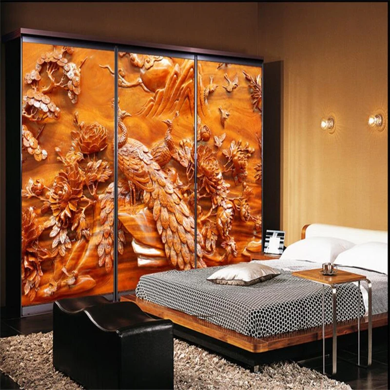 beibehang Custom 3d wallpaper atmosphere phoenix flower bird mood wood carving murals sofa TV living room background wall | Обустройство
