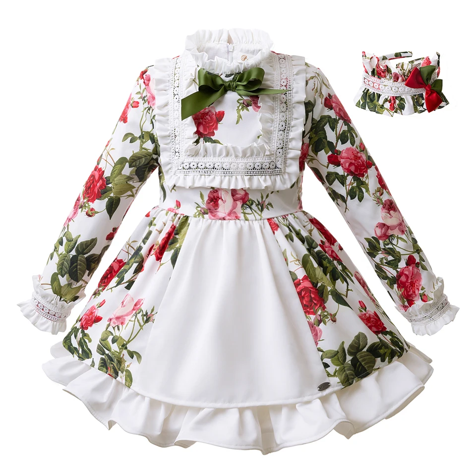 Pettigirl White Floral Girl Dress Wtih Hairband Autumn Party Dresses For Girls Bontique Kids Wear G-DMGD103-B219 | Детская одежда и