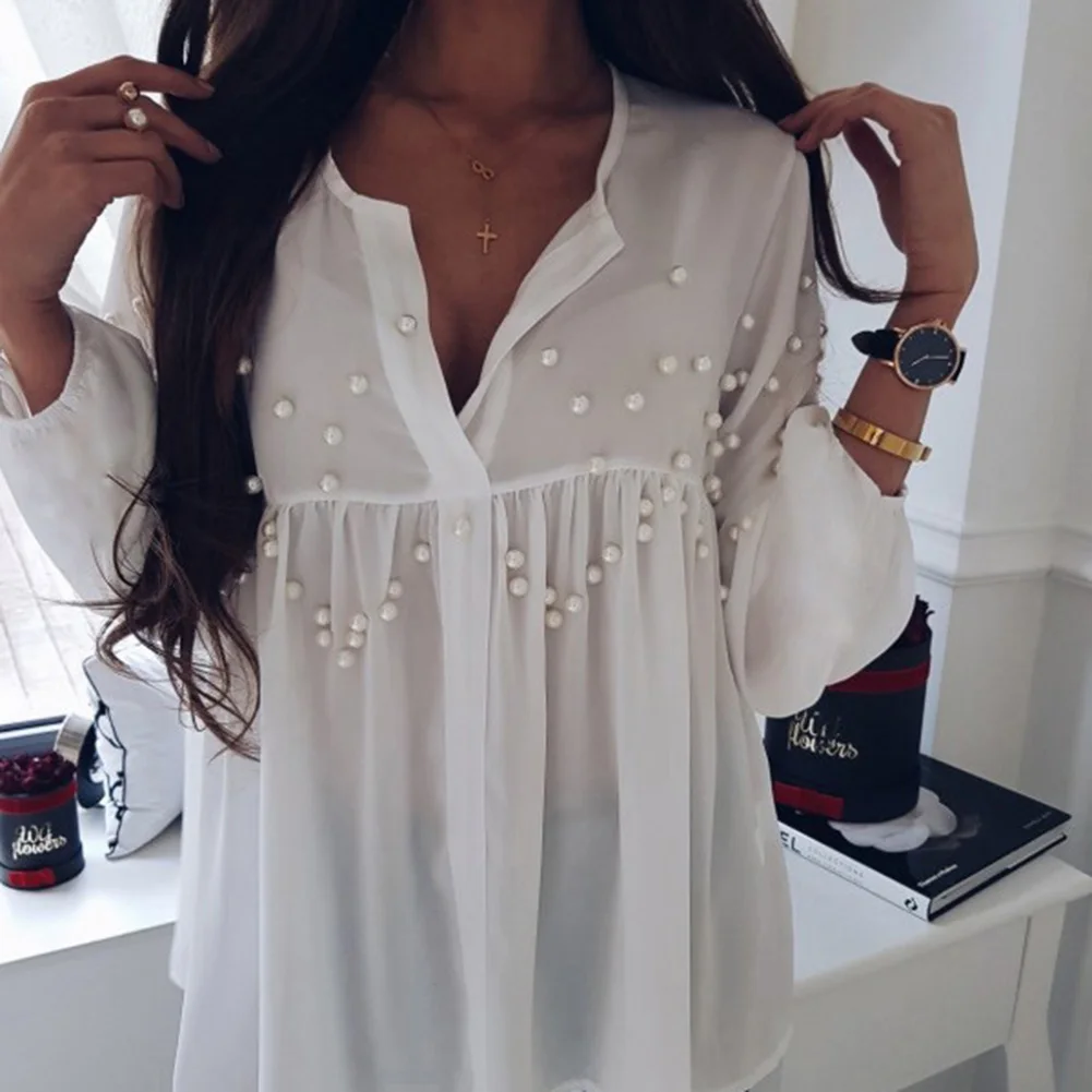Hot sale spring Blouses Shirts Women fashion Pearls Beading Long lantern Sleeve V Ncek White Chiffon blouse Tops |