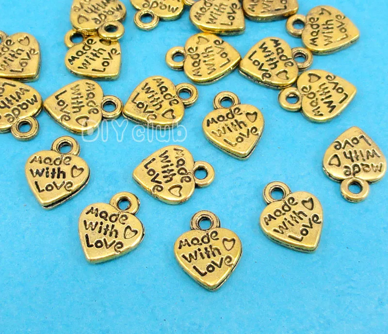 

150pcs-Antique Gold 2 Sided Made With Love Charms Pendant, Diy Vintage Jewelry Wholesale 12x9mm